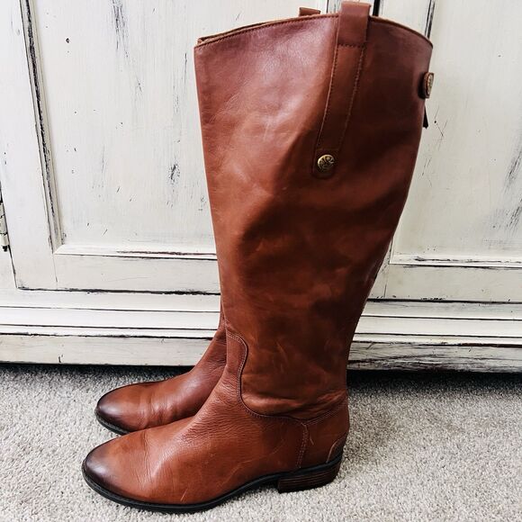 Sam Edelman Brown Worn Distressed Leather Wide Calf Knee High Riding Boots - 9.5 - Picture 1 of 9